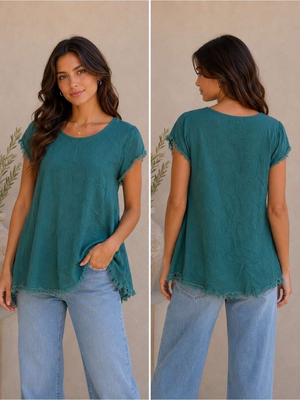 Umgee Teal Frayed Hem Tunic‎ Top Size Small